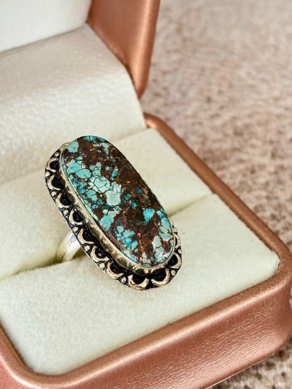 Tibetan Turquoise 925 Silver Plated Statement Ring Oval Boho - Size 6 - Picture 4 of 7